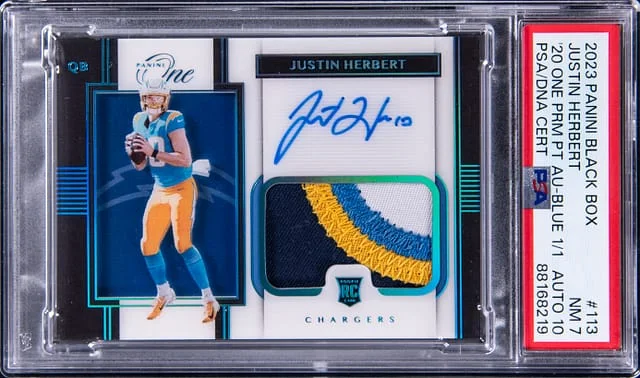 2023 Panini Black Justin Herbert Box '20 One Premium Patch Autograph Blue #113 card image