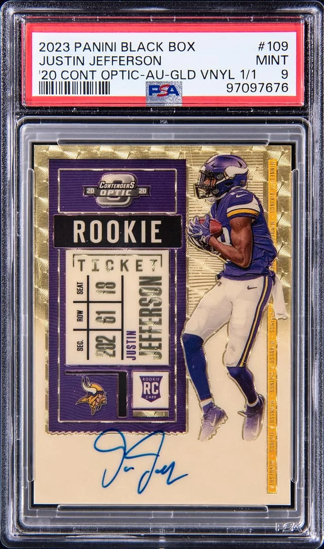 2023 Panini Black Justin Jefferson Box '20 Contenders Optic Autograph Gold Vinyl #109 card image