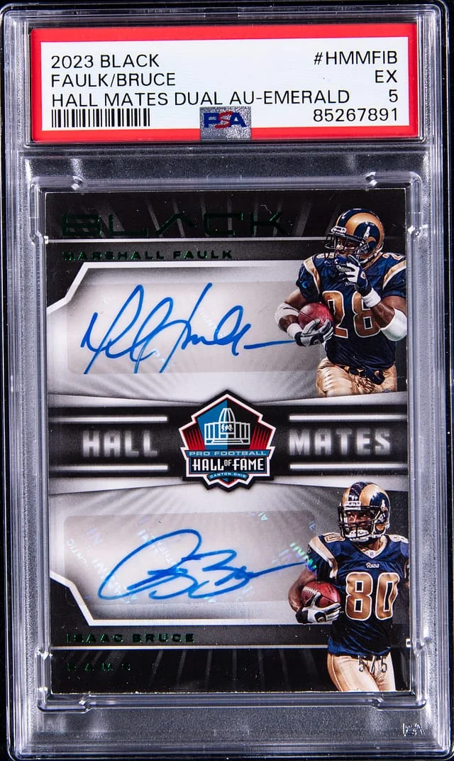 2023 Panini Black Marshall Faulk/Isaac Bruce Hall Mates Dual Autographs Emerald #HM-MFIB card image