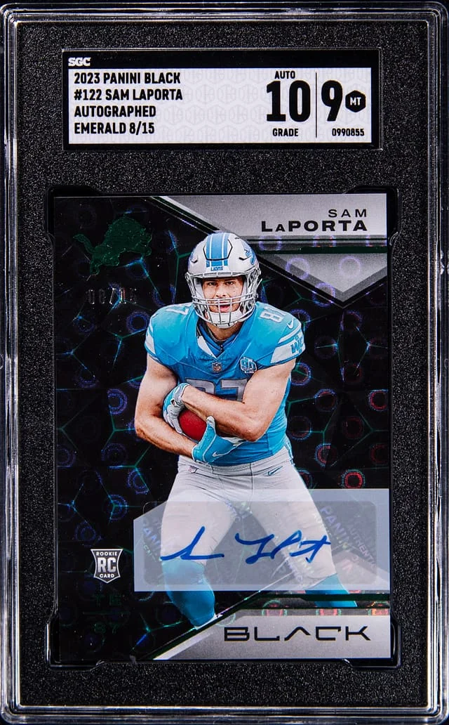 2023 Panini Black Sam Laporta Autographed Emerald #122 card image
