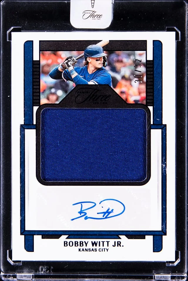 2023 Panini Bobby Witt Jr. Three And Two Autograph Jumbo Patch Blue #AJ-BWJ card image