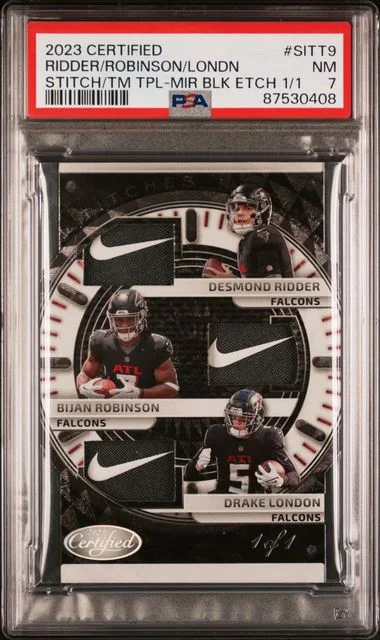 2023 Panini Certified Bijan Robinson /Desmond Ridder/Drake London Stitches In Time Triple Mirror Black Etch #SITT9 card image