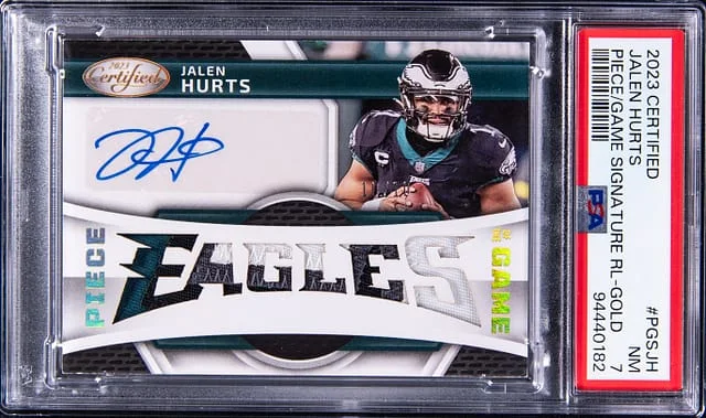 2023 Panini Certified Jalen Hurts Piece of the Game Signature Relic Gold #PGS-JH card image