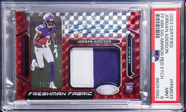 2023 Panini Certified Jordan Addison Freshman Fabric Signature Mirror Red Etch #FFMS33 card image