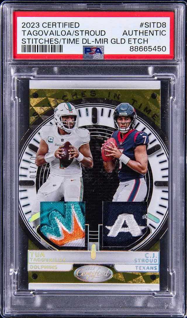 2023 Panini Certified Tua Tagovailoa/C.J. Stroud Stitches In Time Dual Mirror Gold Etch #SITD-8 card image