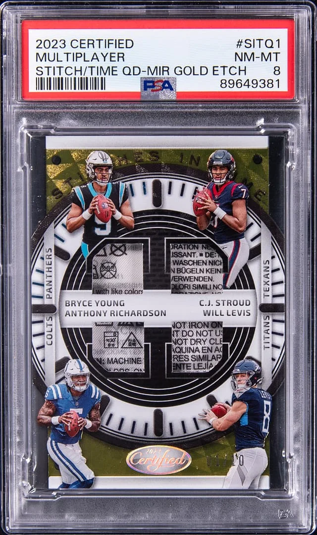 2023 Panini Certified Young/Stroud/Richardson/Levis Stitch in Time Quad Mirror Gold Etch #SITQ-1 card image