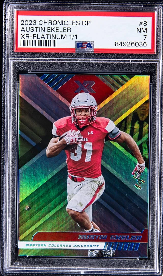 2023 Panini Chronicles Austin Ekeler XR Draft Picks Platinum #8 card image