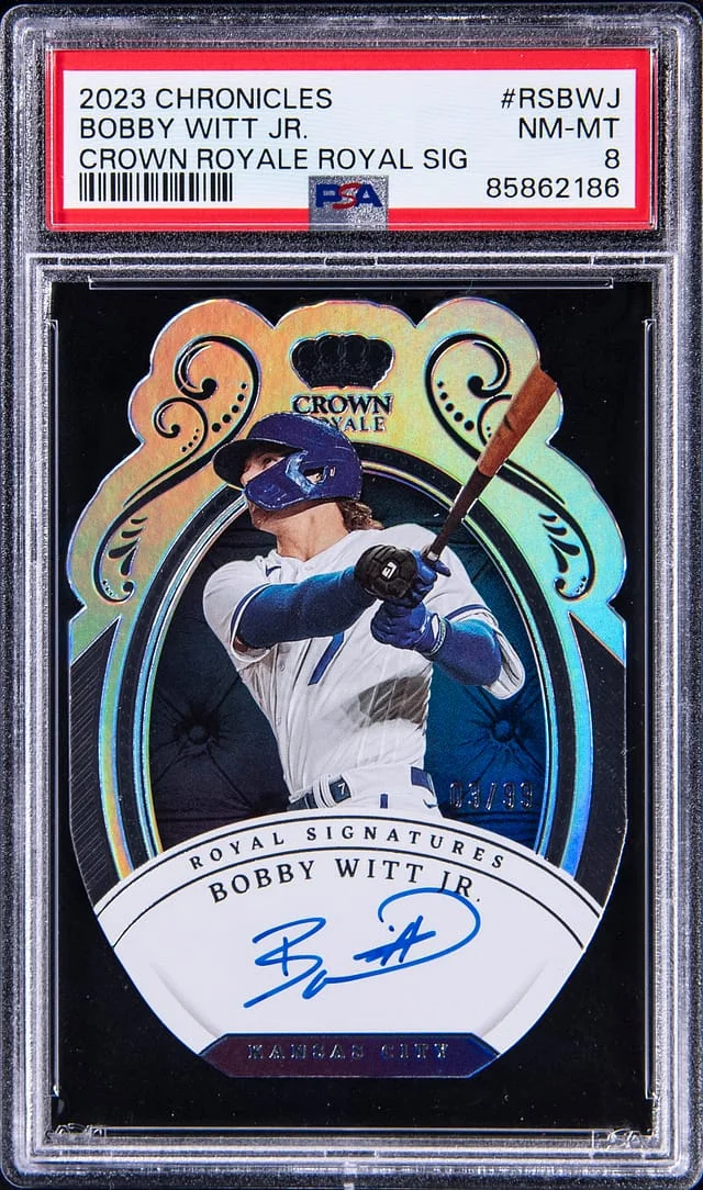 2023 Panini Chronicles Bobby Witt Jr. Crown Royale Royal Signatures Holo Silver #RSBWJ card image