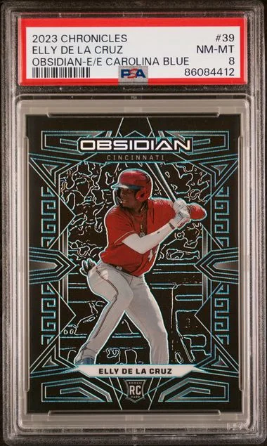 2023 Panini Chronicles Elly De La Cruz Obsidian Electric Etch Carolina Blue #39 card image