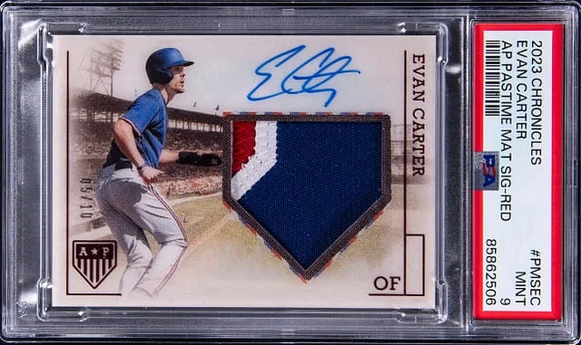 2023 Panini Chronicles Evan Carter America's Pastime Materials Signatures Red #PMSEC card image