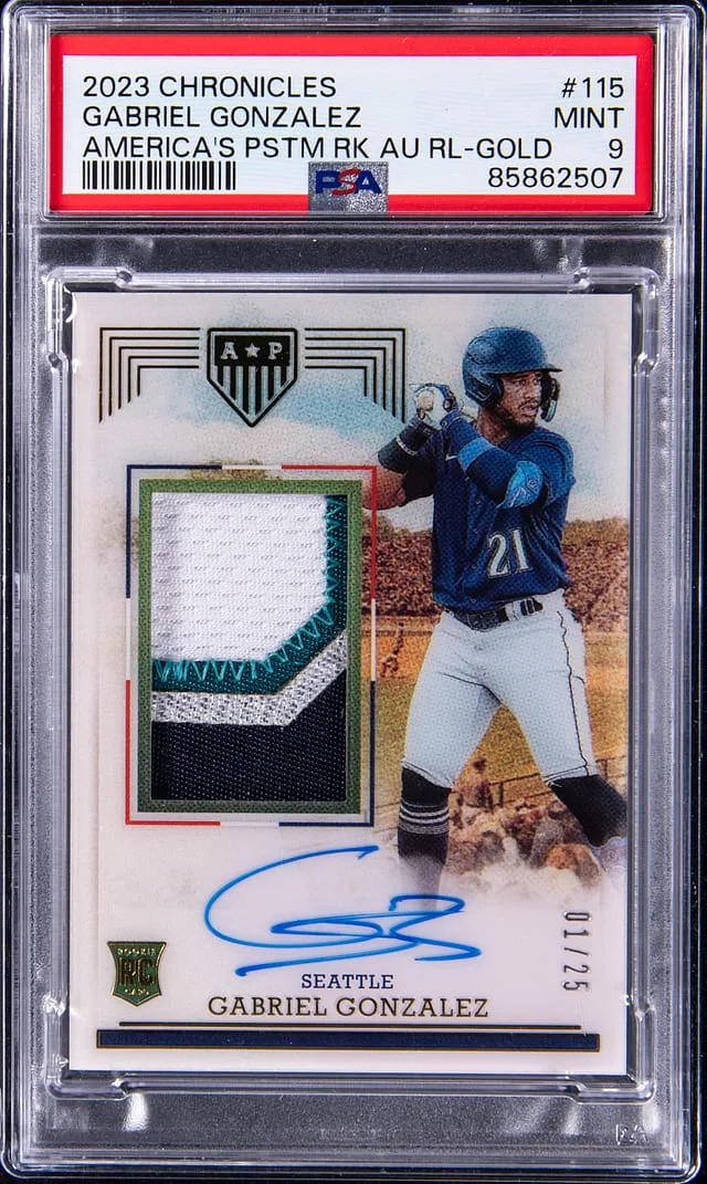 2023 Panini Chronicles Gabriel Gonzalez America's Pastime Autograph Relic Gold #115 card image