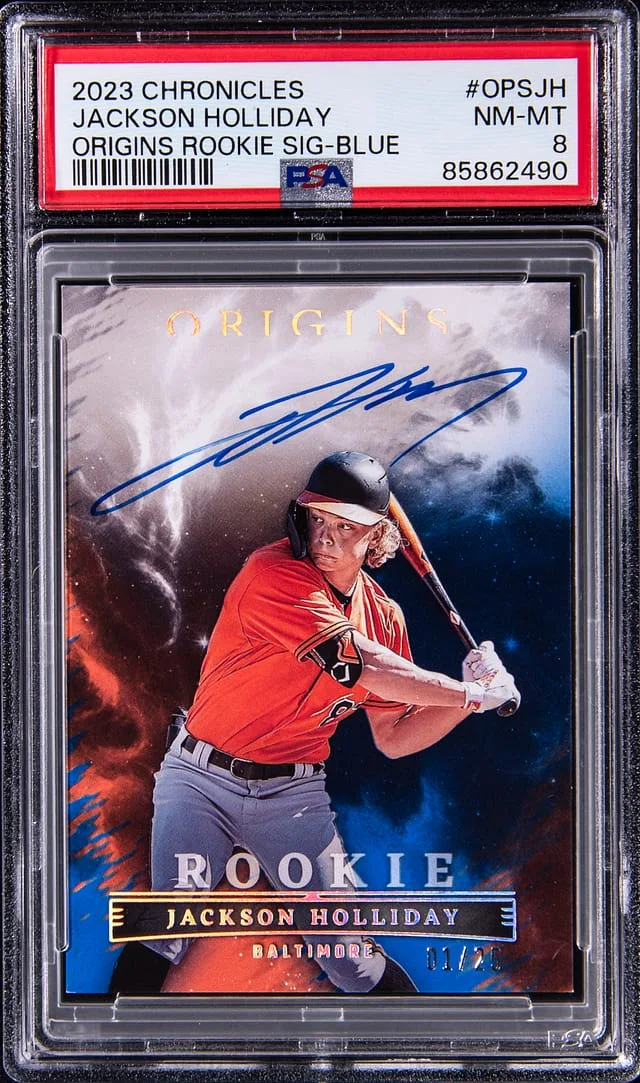 2023 Panini Chronicles Jackson Holliday Origins Signatures Blue #OPSJH card image