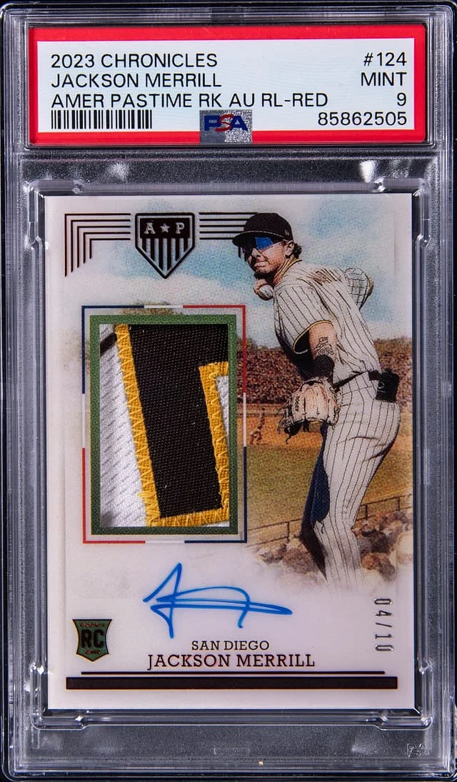 2023 Panini Chronicles Jackson Merrill America's Pastime Rookies Autograph Relic #124 card image