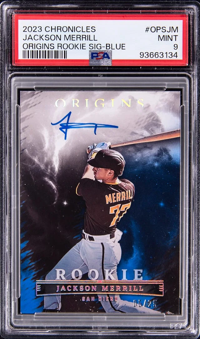 2023 Panini Chronicles Jackson Merrill Origins Signatures Blue #OPSJM card image