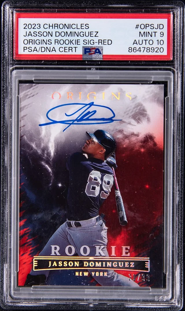 2023 Panini Chronicles Jasson Dominguez Origins Signatures Red #OPSJD card image