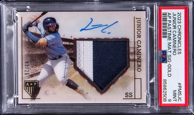 2023 Panini Chronicles Junior Caminero America's Pastime Material Signatures Gold #PMSJC card image