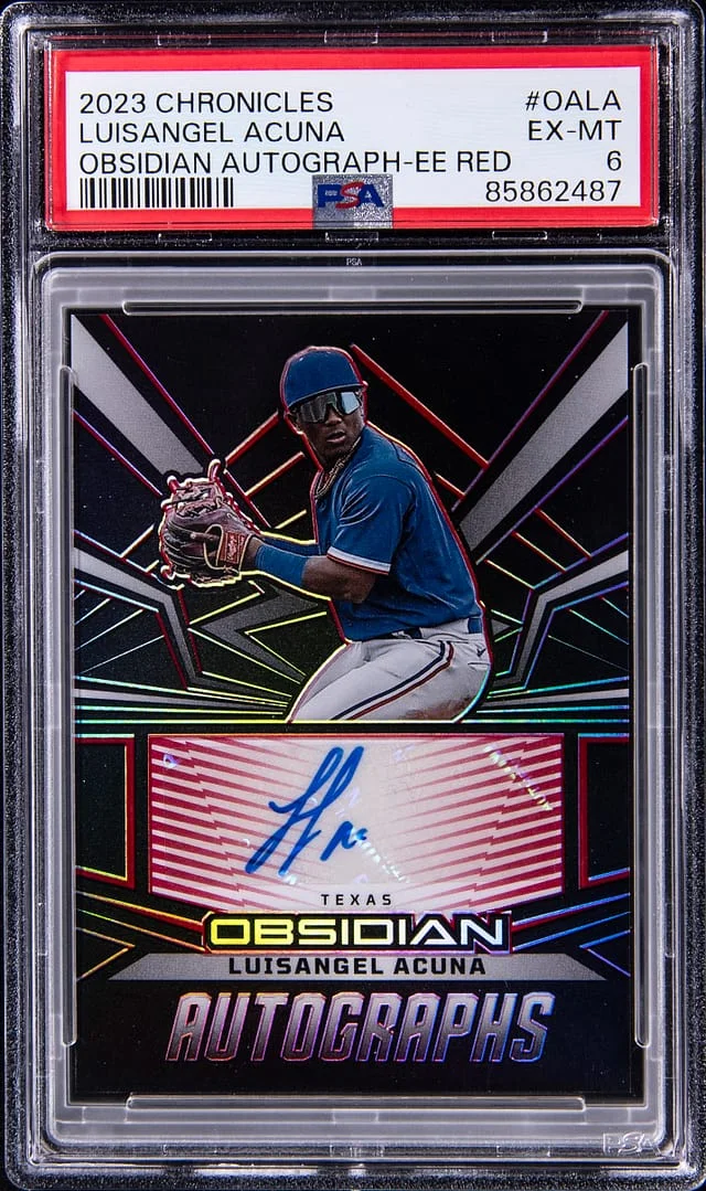 2023 Panini Chronicles Luisangel Acuna Obsidian Autographs Electric Etch Red #OALA card image