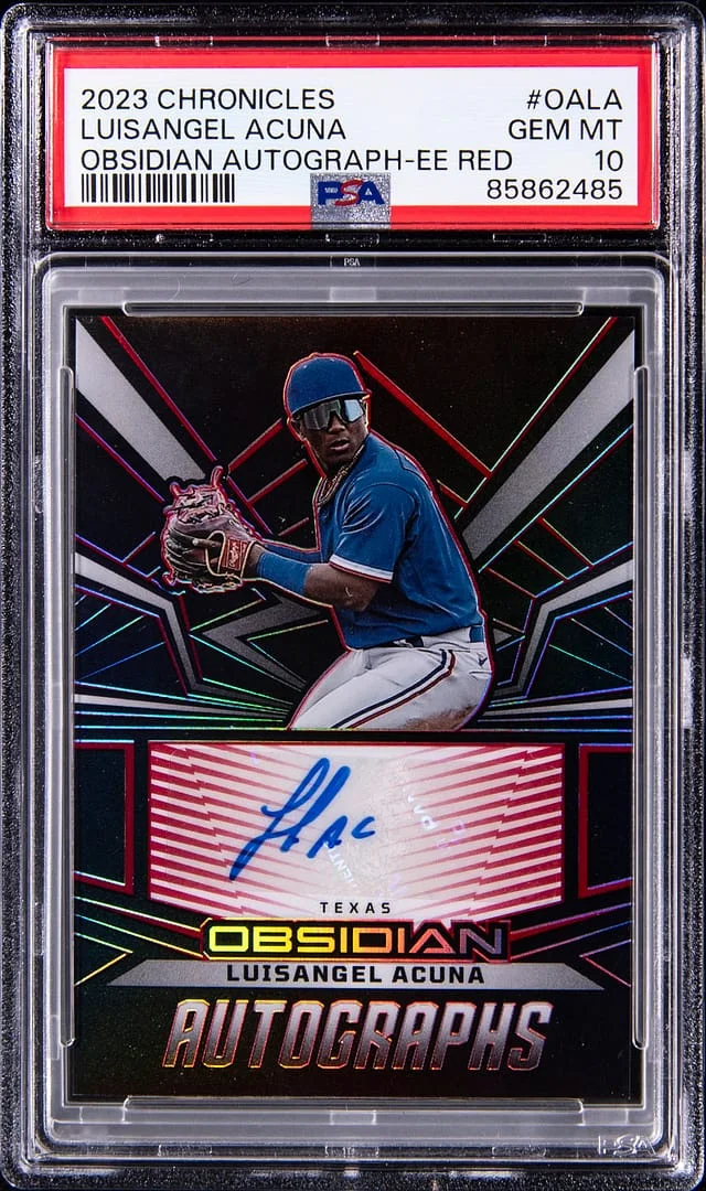 2023 Panini Chronicles Lusiangel Acuna Obsidian Autographs Electric Etch Red #OALA card image