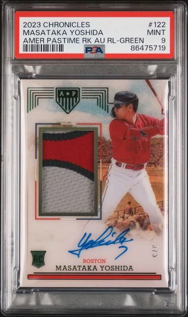 2023 Panini Chronicles Masataka Yoshida America's Pastime Rookies Autograph Relic Green #122 card image