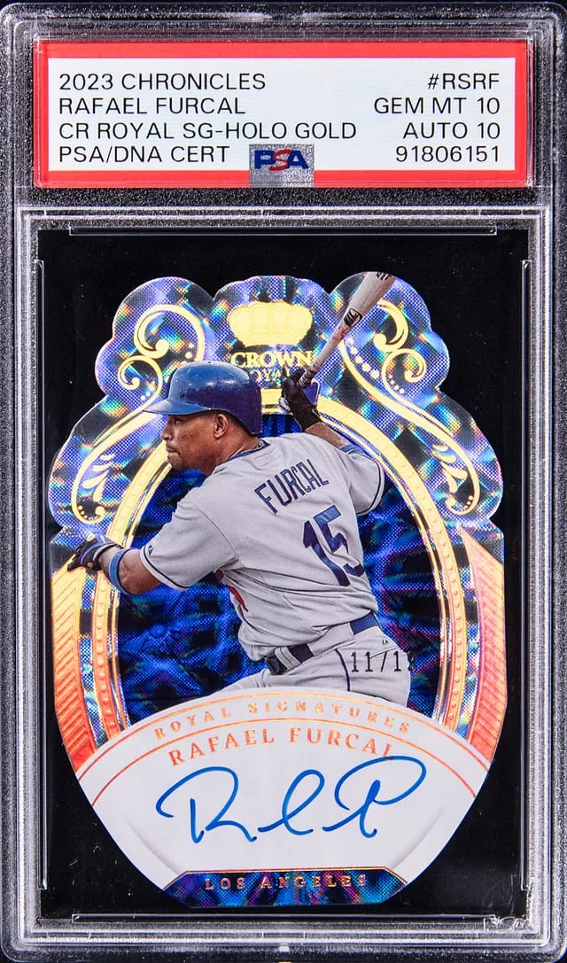 2023 Panini Chronicles Rafael Furcal Crown Royale Signature Holo Gold #RSRF card image