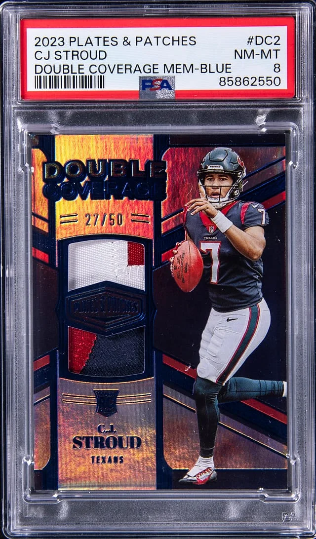 2023 Panini C.J. Stroud Plates & Patches Double Coverage Memorabilia Blue #DC2 card image