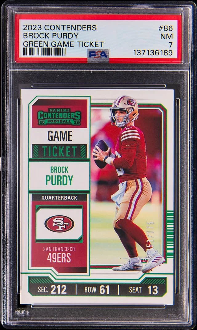 2023 Panini Contenders Brock Purdy Green Game Ticket #86 card image