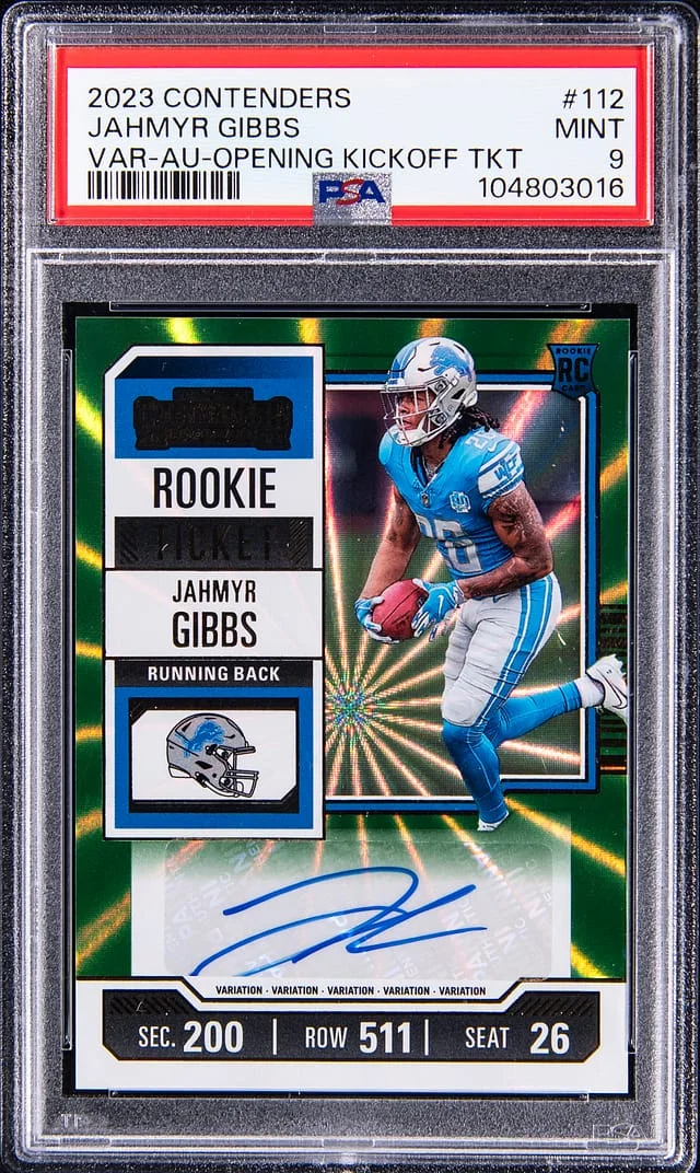2023 Panini Contenders Jahmyr Gibbs Variant Autograph Conference Ticket #112 card image