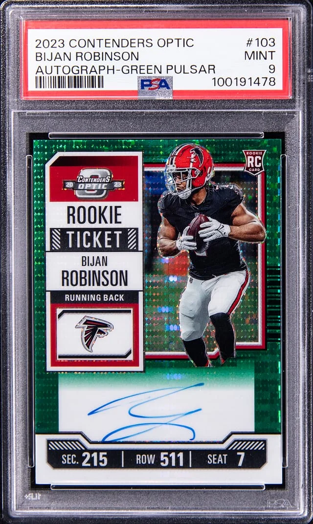 2023 Panini Contenders Optic Bijan Robinson Autograph Green Pulsar #103 card image