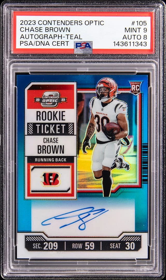 2023 Panini Contenders Optic Chase Brown Ticket Autograph Teal #105 card image
