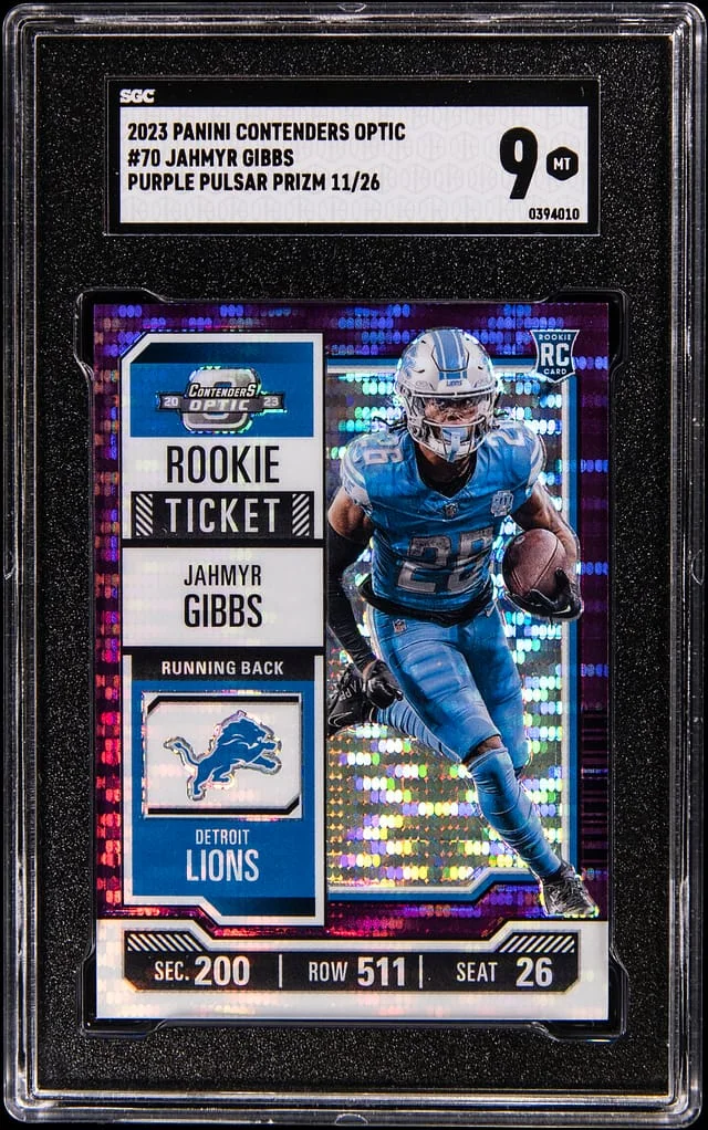 2023 Panini Contenders Optic Jahmyr Gibbs Purple Pulsar Prizm #70 card image