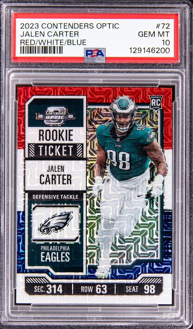2023 Panini Contenders Optic Jalen Carter Red/White/Blue #72 card image