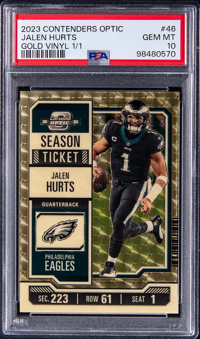 2023 Panini Contenders Optic Jalen Hurts Season Ticket Gold Vinyl Prizm #46 card image