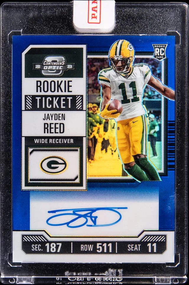 2023 Panini Contenders Optic Jayden Reed Ticket RPS Autographs Blue #118 card image