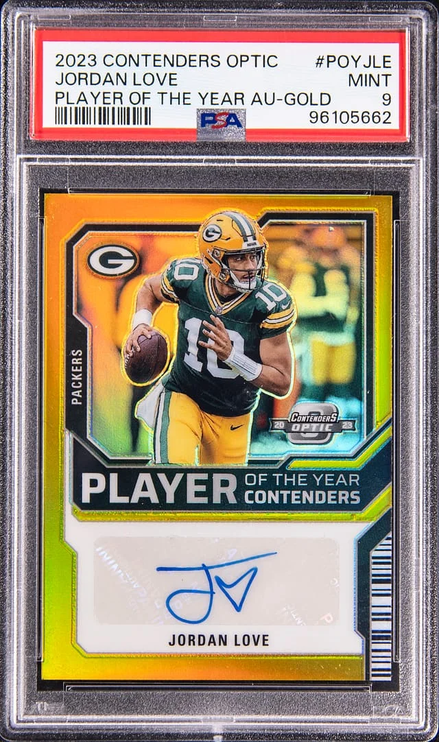 2023 Panini Contenders Optic Jordan Love Player Of The Year Autographs Gold #POYJLE card image