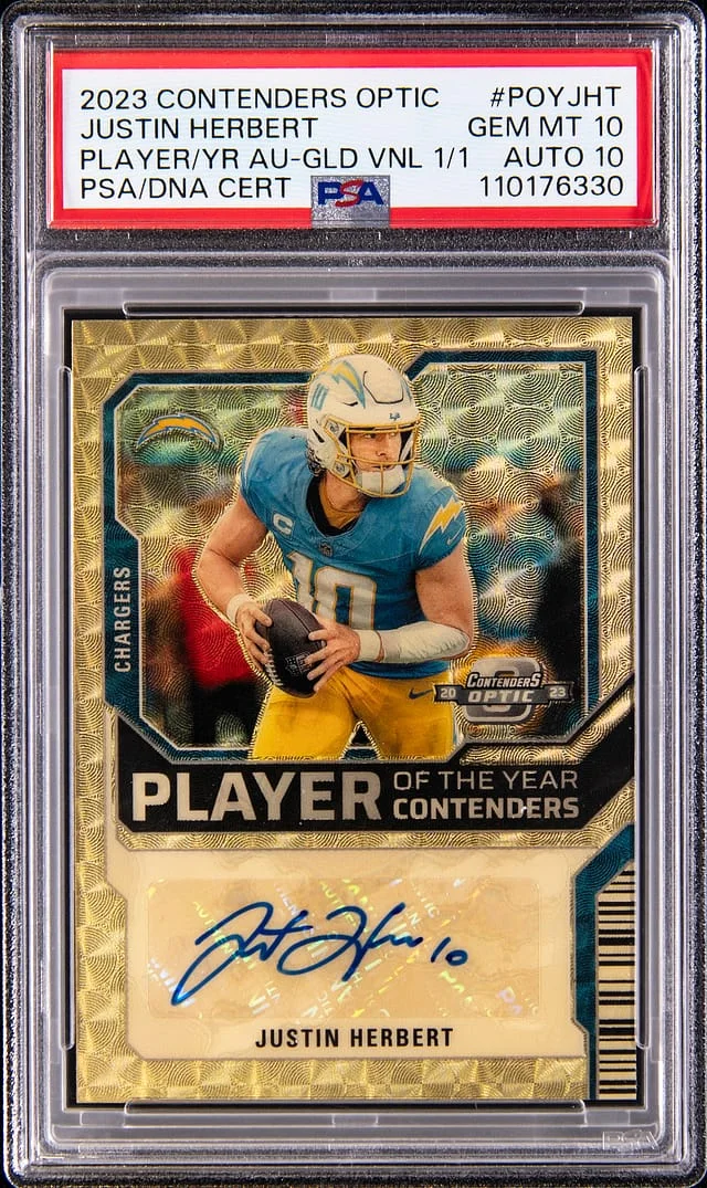 2023 Panini Contenders Optic Justin Herbert Player of the Year Contenders Autographs Gold Vinyl #POY-JHT card image