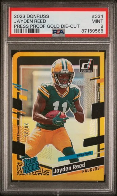 2023 Panini Donruss Jayden Reed Press Proof Gold Die-Cut Rated #334 card image