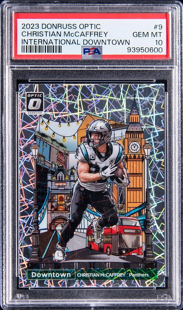 2023 Panini Donruss Optic Christian McCaffrey International Downtown #9 card image