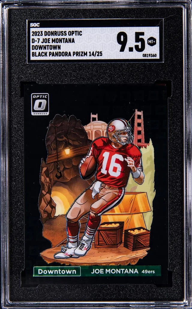 2023 Panini Donruss Optic Joe Montana Downtown Black Pandora Prizm #D-7 card image