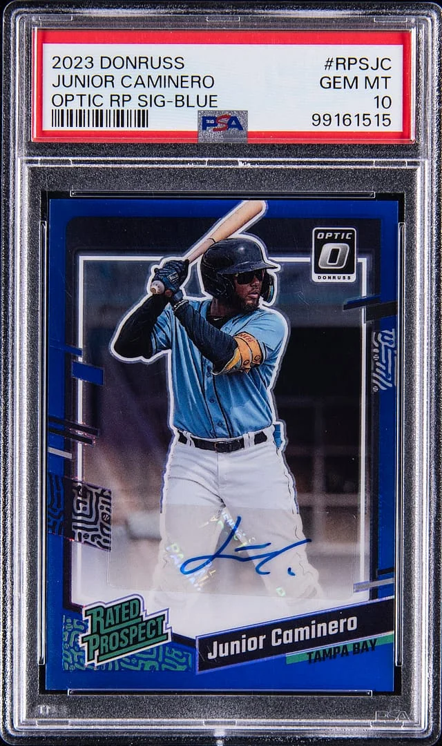 2023 Panini Donruss Optic Junior Caminero Rated Prospect Signature Blue #RPS-JC card image