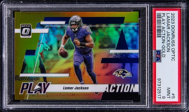 2023 Panini Donruss Optic Lamar Jackson Play Action Gold #5 card image