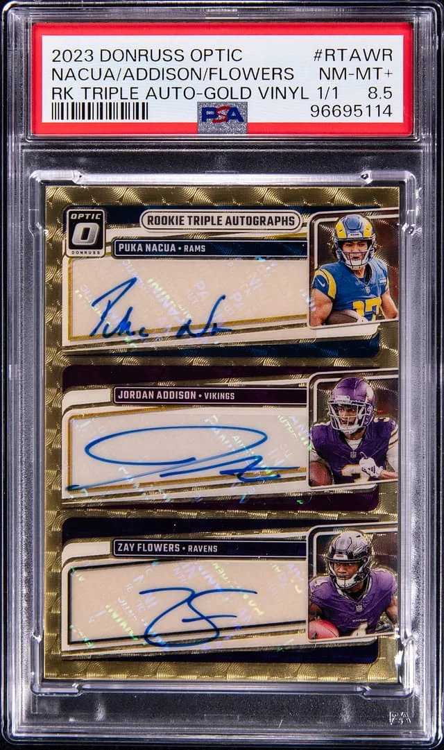 2023 Panini Donruss Optic Puka Nacua/Zay Flowers/Jordan Addison Multi-Signed Triple Autographs Gold Vinyl #RTA-WR card image