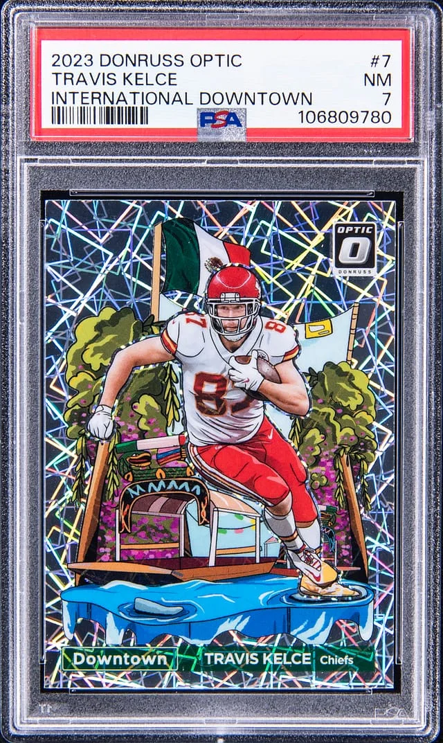 2023 Panini Donruss Optic Travis Kelce International Downtown #7 card image