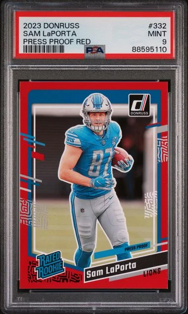 2023 Panini Donruss Sam Laporta Press Proof Red Rated #332 card image