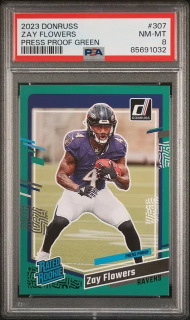 2023 Panini Donruss Zay Flowers Press Proof Green Rated #307 card image