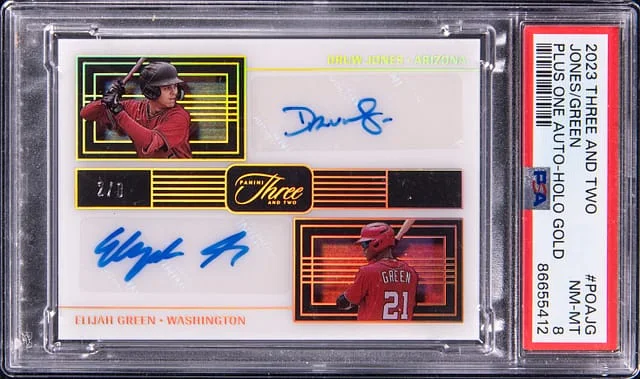2023 Panini Druw Jones/Elijah Three and Two Plus One Autograph Holo Gold #POAJG card image