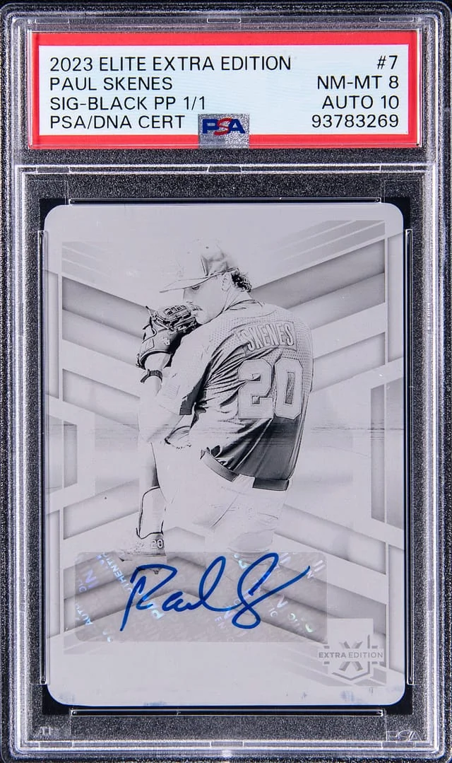 2023 Panini Elite Extra Edition Paul Skenes Signatures Black Printing Plate 1/1 #7 card image