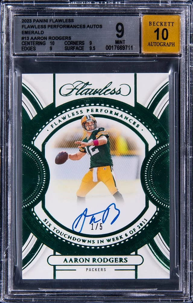 2023 Panini Flawless Aaron Rodgers Flawless Performances Autographs Emerald #FP-ARO card image
