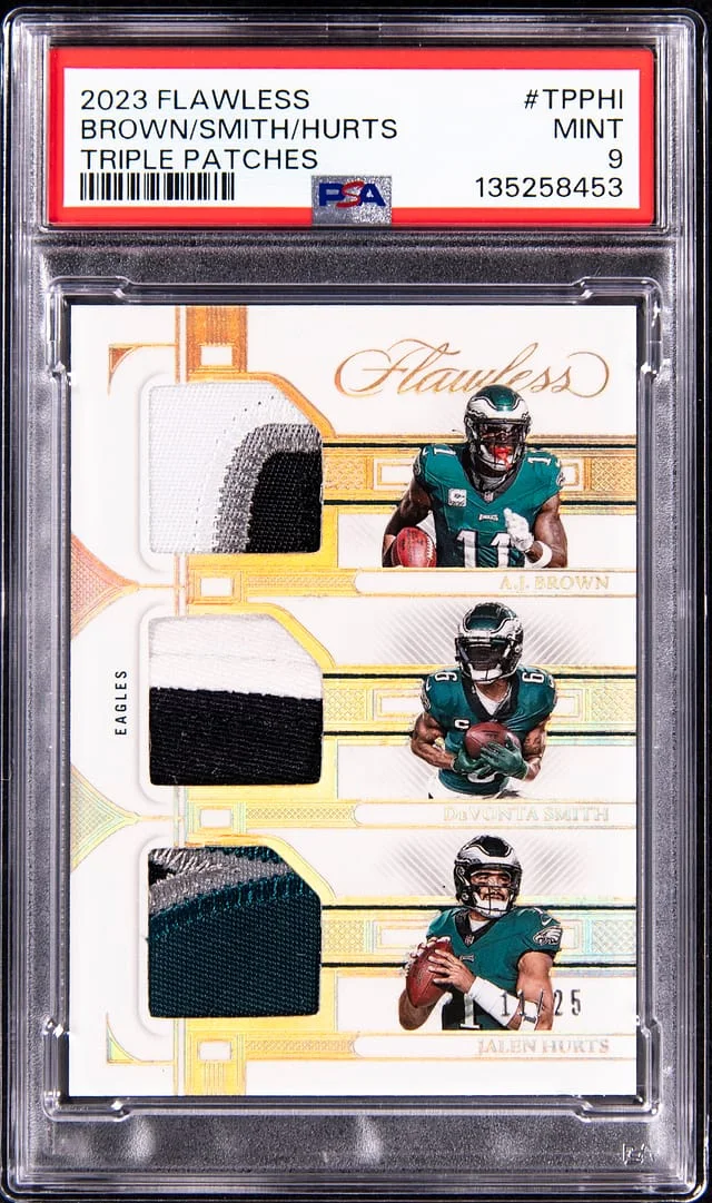 2023 Panini Flawless A.J. Brown/DeVonta Smith/Jalen Hurts Triple Patches #TP-PHI card image