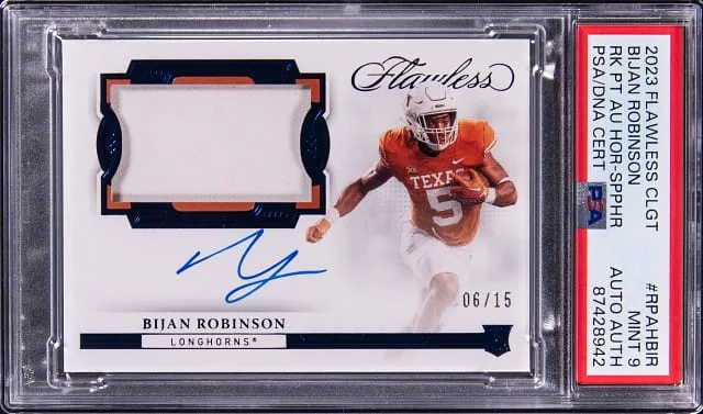 2023 Panini Flawless Bijan Robinson Collegiate Patch Autograph Sapphire #RPAH-BIR card image