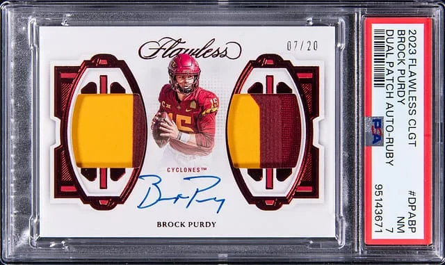 2023 Panini Flawless Brock Purdy Collegiate Dual Patch Autograph Ruby #DPA-BP card image